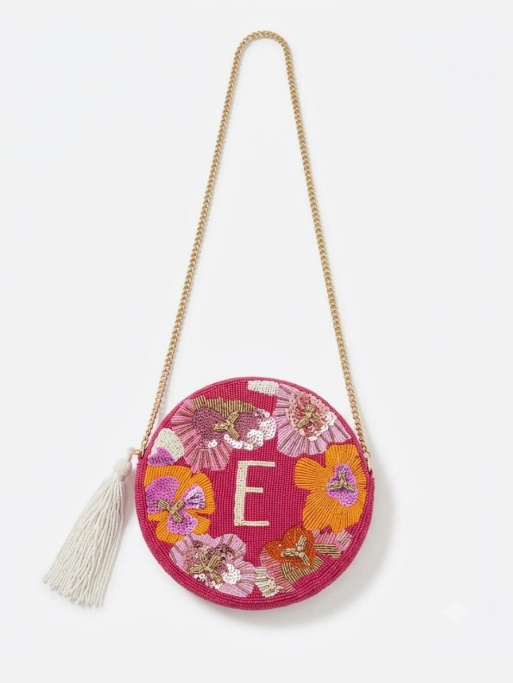 Anthropologie Womens Red Pink Holiday Monogram T Embellished Chain Strap Round E